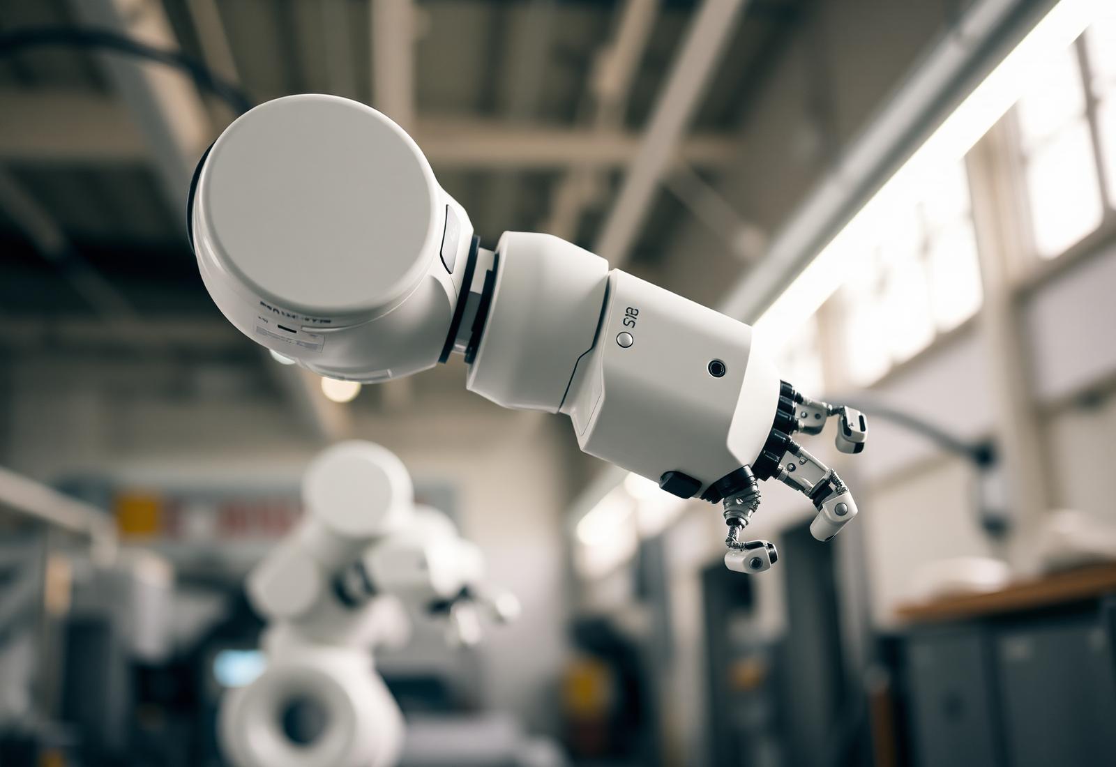 Industrial robotic arm operating in a softly lit modern factory